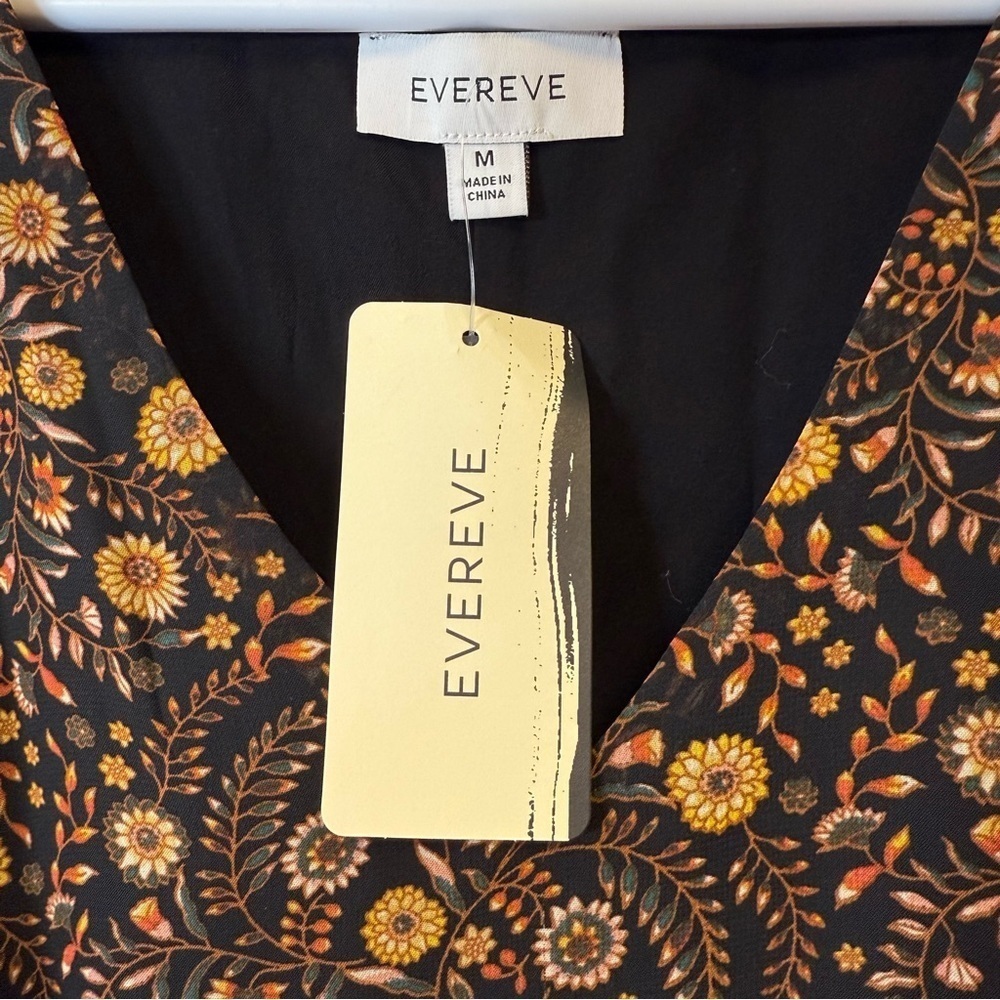 New! Evereve ‘Olivia’ Black Brown Floral Print Mini Dress Women’s Size Medium - Picture 3 of 12